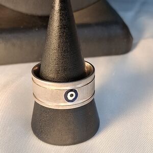 P34. 925 Sterling Silver Band W Enamel Evil Eye Ring For Protection, Stamped Sz8